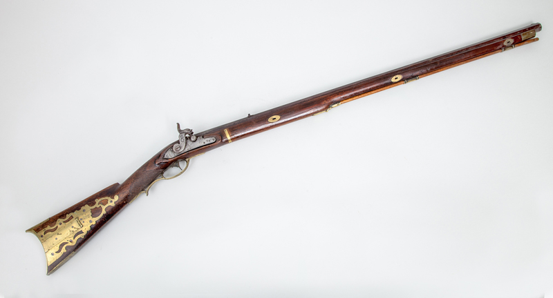 Appraisal: PENNSYLVANIA BRASS-MOUNTED WALNUT PERCUSSION RIFLE With side patch box unsigned