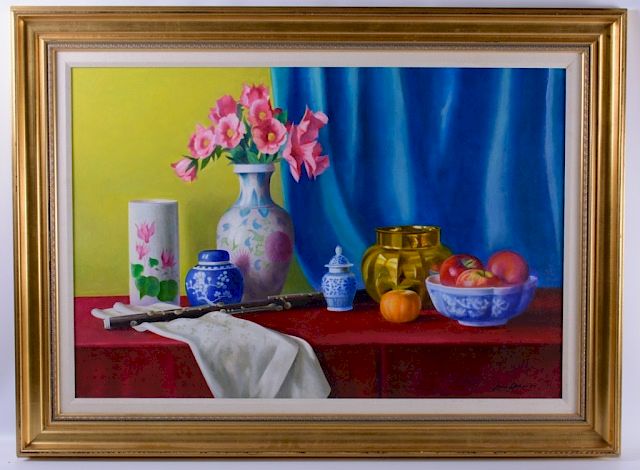 Appraisal: Louis Richards Blue Jars and Vase Oil Painting Louis Richards