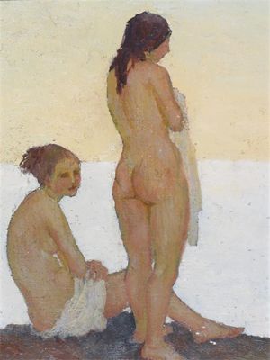 Appraisal: Continental School th century Two girls bathing by a river