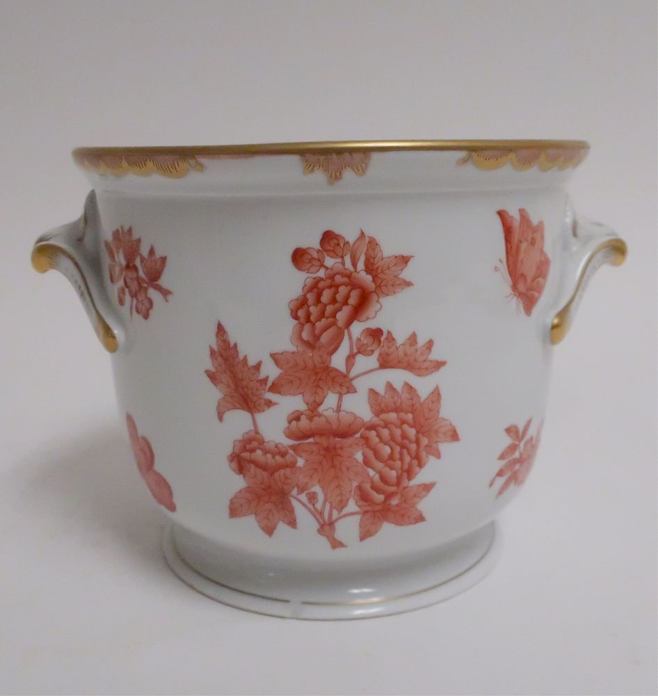 Appraisal: Herend Cache Pot Orange Flowers Butterflies h x across handles