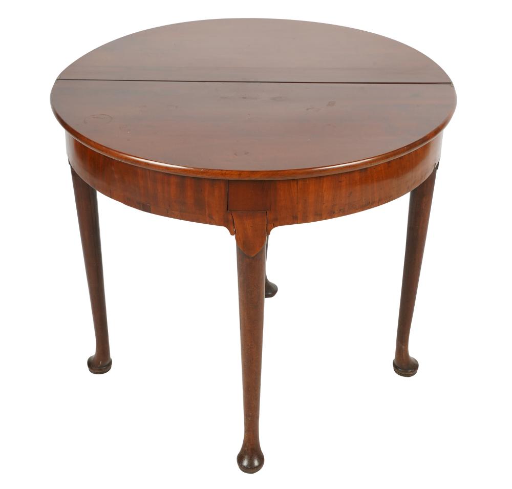 Appraisal: GEORGIAN STYLE MAHOGANY DEMILUNE TABLEthe hinged top supported on a