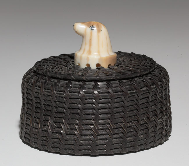 Appraisal: Eskimo lidded basket baleen with ivory finial signed John Hank