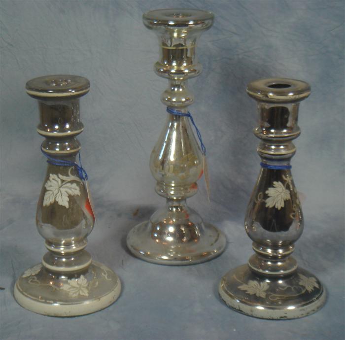 Appraisal: Pair of mercury glass candlesticks etched design with another single