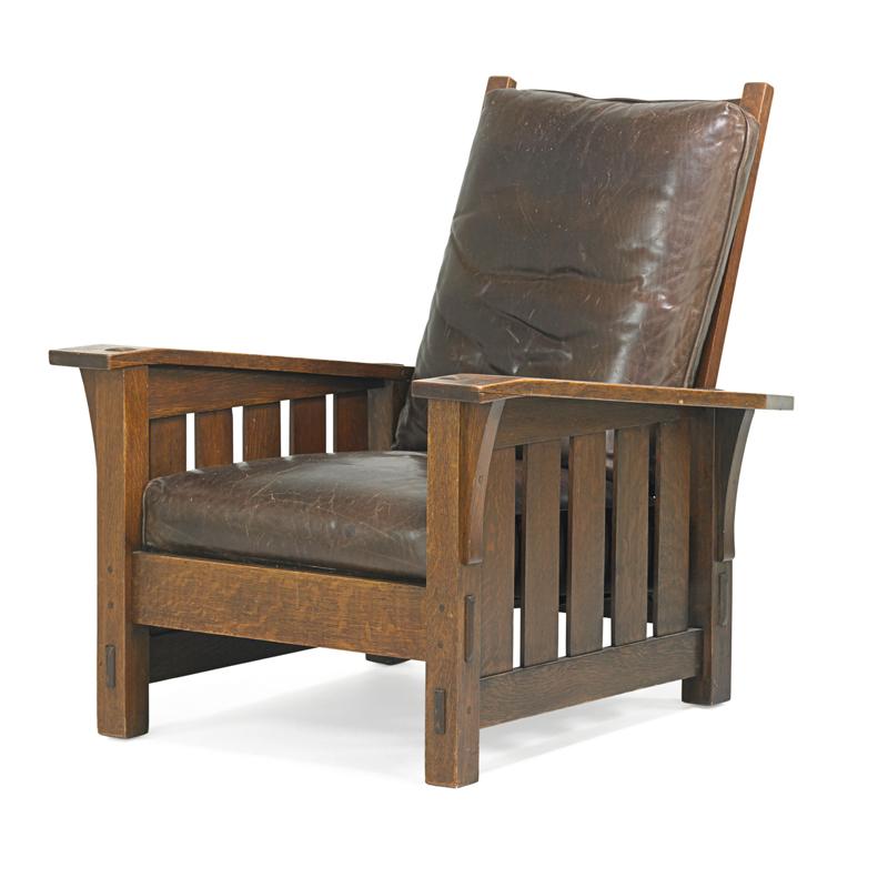 Appraisal: GUSTAV STICKLEY Drop-arm Morris chair Condition Report Fine condition Possible