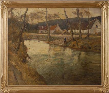 Appraisal: GEORGE AMES ALDRICH - FARM HOUSE BY RIVER Oil on