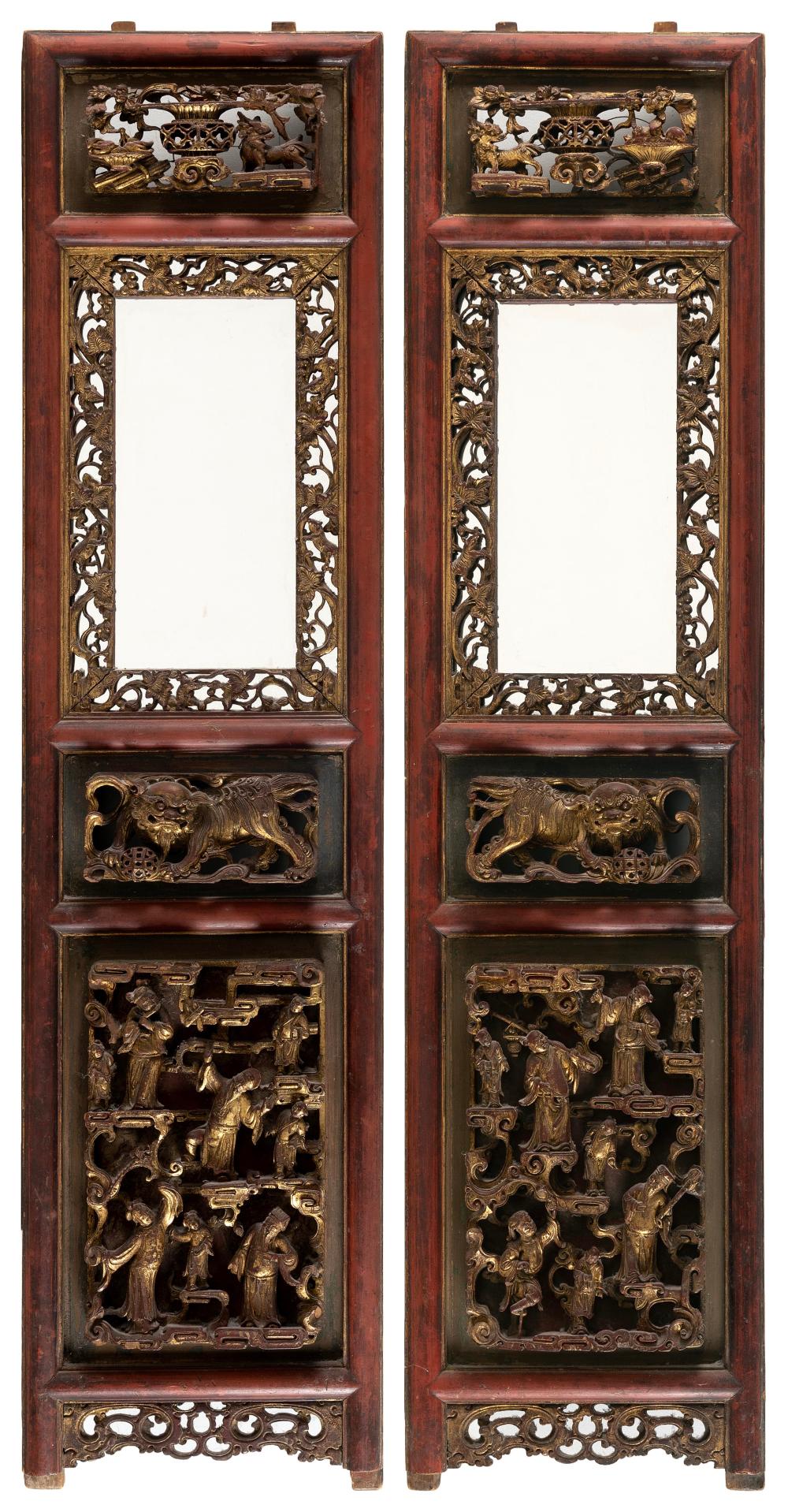 Appraisal: PAIR OF CHINESE FINELY CARVED RED AND GILT WOOD PANELS