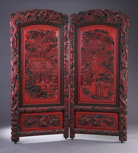 Appraisal: JAPANESE RED LACQUER TWO-FOLD SCREEN Carved in high relief with