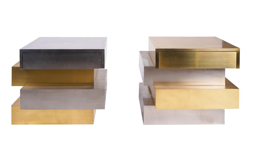 Appraisal: PAIR OF MODERNIST SIDE TABLESmetal with brass and brushed finish