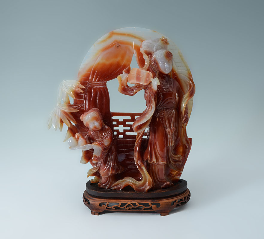 Appraisal: CARVED CARNELIAN AGATE MOTHER CHILD GROUP Chinese relief carved carnelian