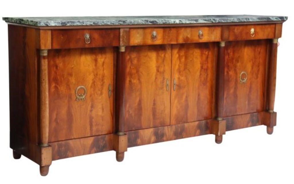 Appraisal: French Empire style marble-top mahogany sideboard th c projecting frieze