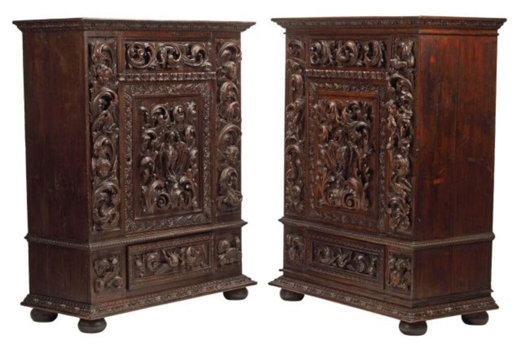 Appraisal: pair Renaissance Revival carved single-door cabinets th c approx h