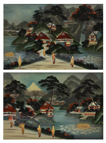 Appraisal: A PAIR OF TH CENTURY JAPANESE THREE-DIMENSIONAL REVERSE GLASS PAINTED