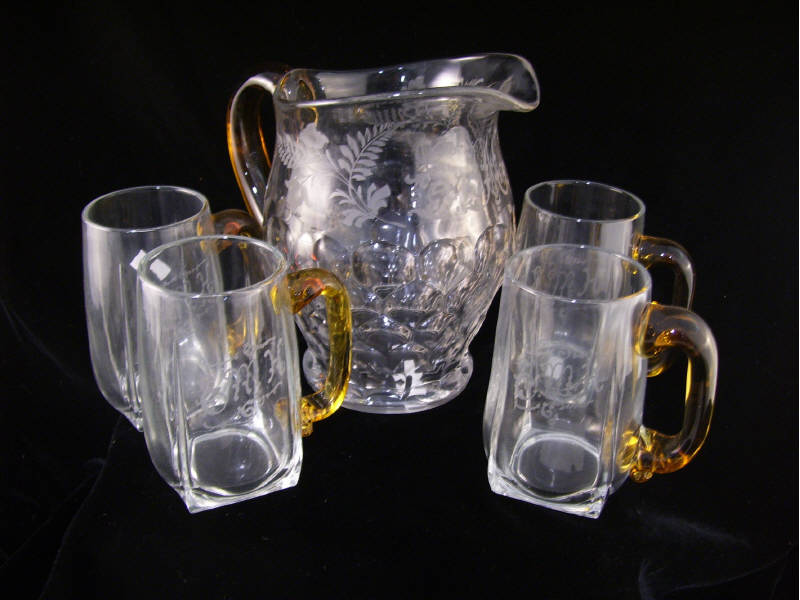 Appraisal: Crystal Water Pitcher Mugs Set includes Crystal pitcher with lower