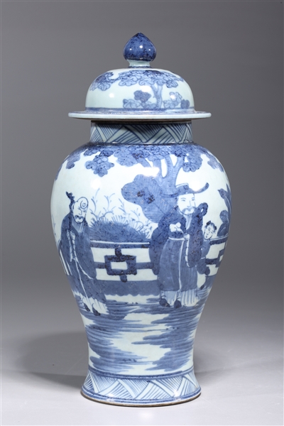 Appraisal: Chinese blue and white covered porcelain vase with figures to