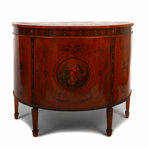 Appraisal: A George III style painted satinwood demilune cabinet height in