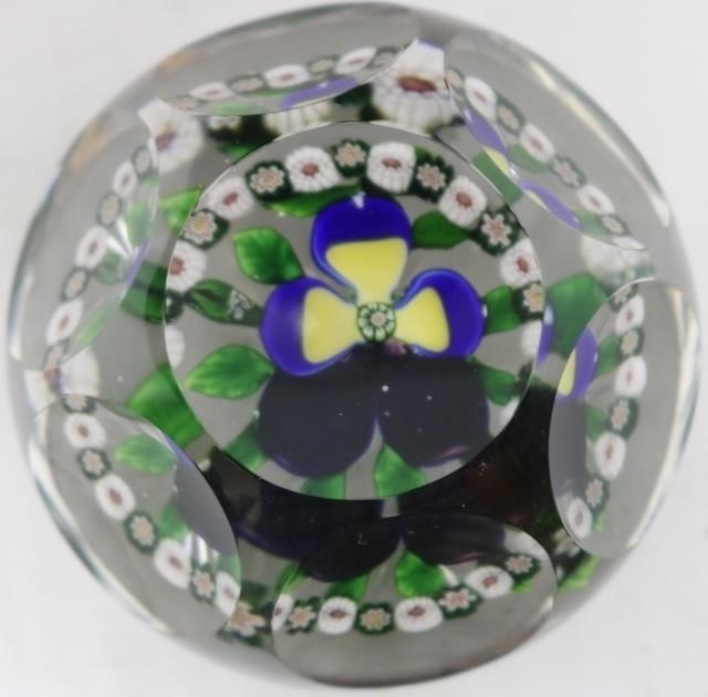 Appraisal: BACCARAT PANSY WITH GARLAND PAPERWEIGHT FACET CUT DEEP BLUE AND