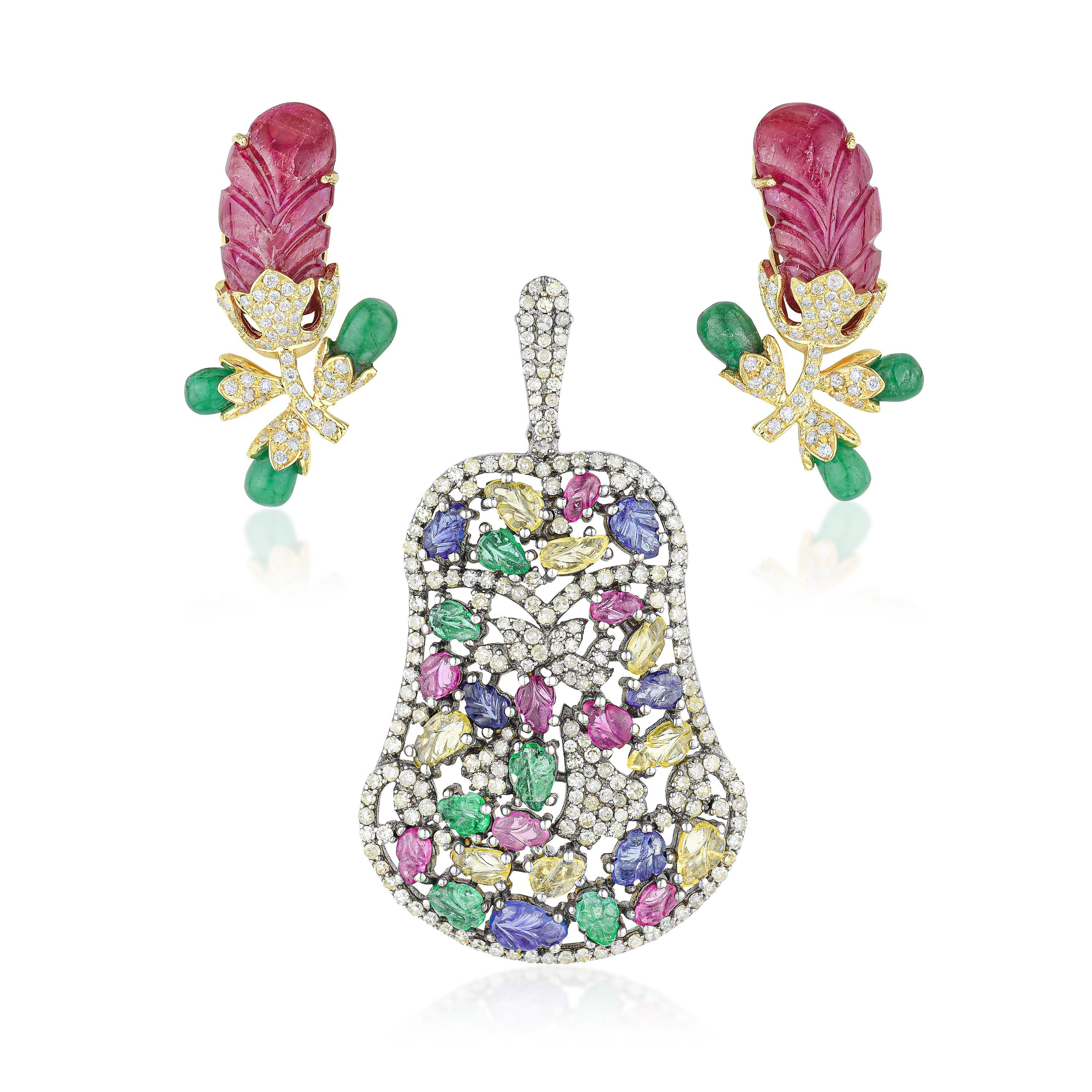 Appraisal: MULTI COLORED GEMSTONE AND DIAMOND PENDANT BROOCH AND EARRINGS METAL