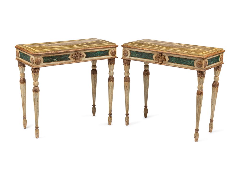 Appraisal: A Pair of Italian Faux Marble Painted Console Tables A