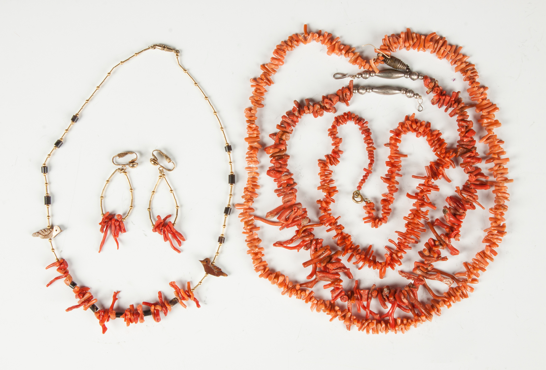 Appraisal: Three Vintage Coral Necklaces Matching Coral Gold Necklace Earring Set