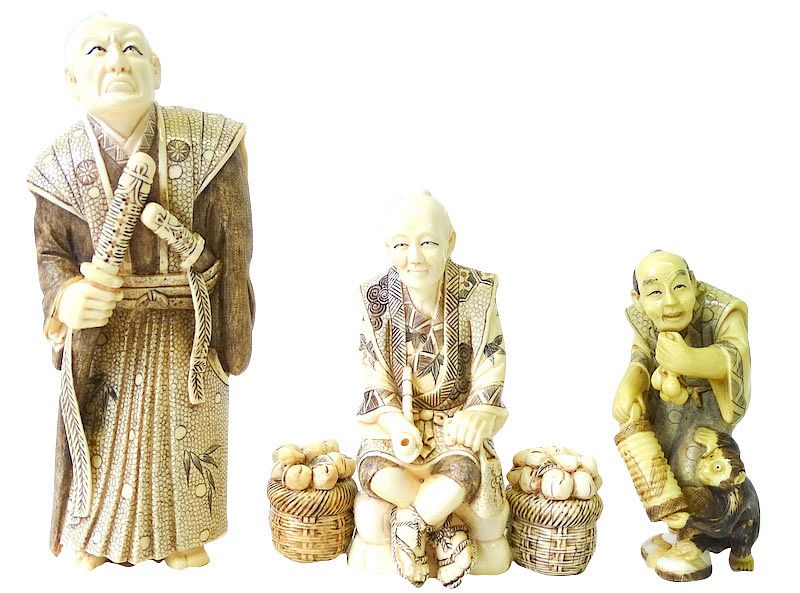 Appraisal: Japanese Cared Figures Japanese Ivory Carved Figures Various Subjects Seal