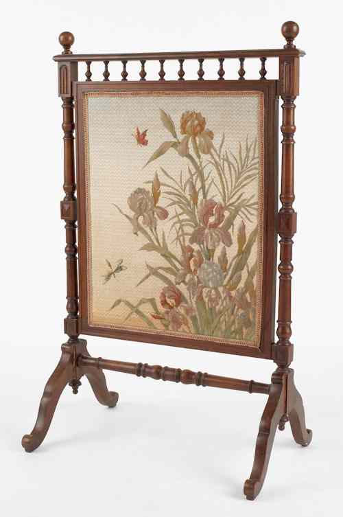 Appraisal: Victorian walnut firescreen th c with floral needlework panel h