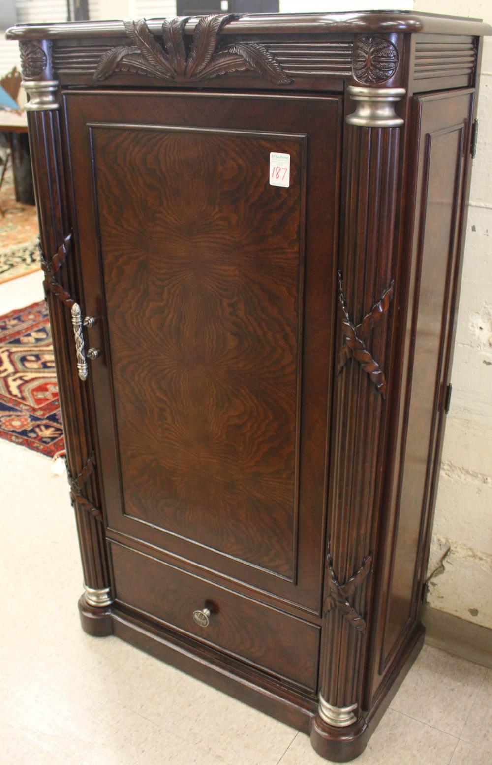 Appraisal: MARBLE-TOP MAHOGANY BARWARE CABINET made in Vietnam for Oasis Home