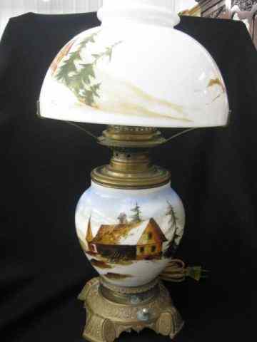 Appraisal: Victorian Lamp handpainted winter farm scenes bronzed base electrified ''