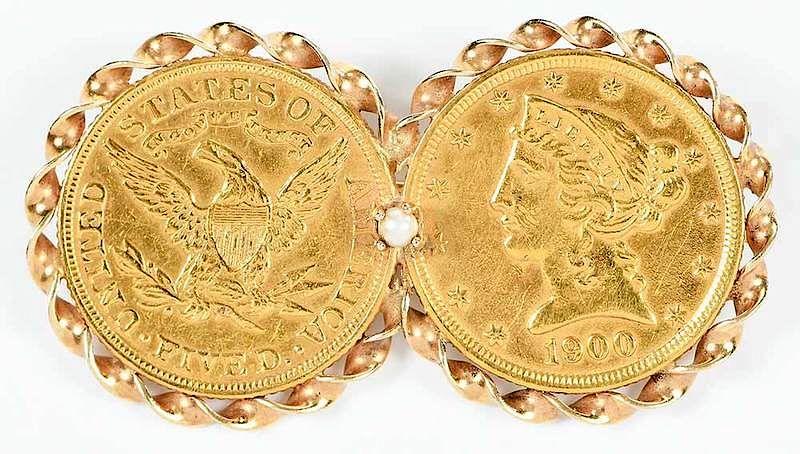 Appraisal: kt Coin and Pearl Brooch two Liberty Head coins one