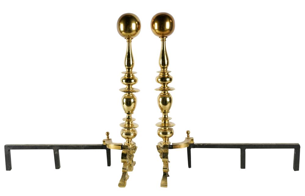 Appraisal: PAIR OF CANNONBALL ANDIRONSwith brass finish inches wide inches deep