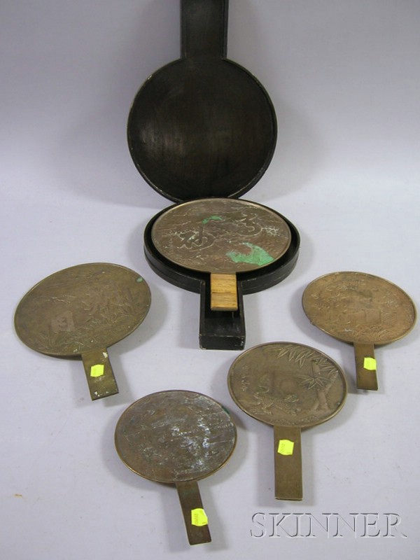 Appraisal: Five Japanese Cast Bronze Hand Mirrors one with case