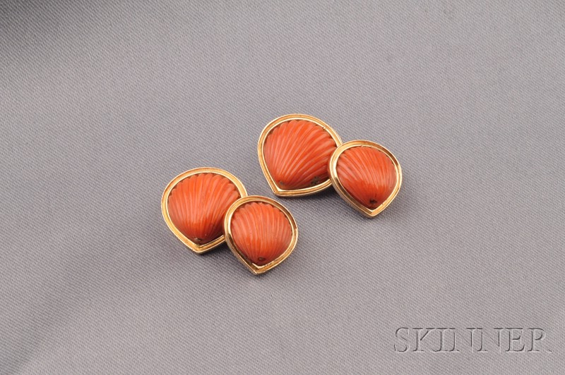 Appraisal: kt Gold and Coral Cuff Links each double link designed