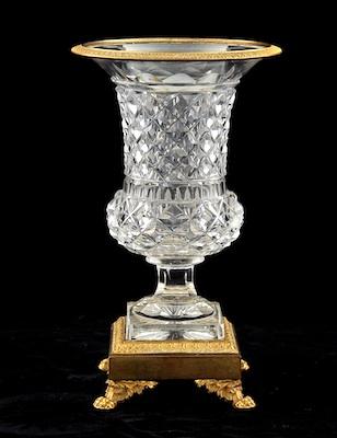 Appraisal: French Cut Crystal Urn with Ormolu Mounts In the shape