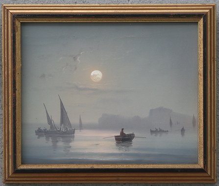 Appraisal: NEAPOLITAN SCHOOL GOUACHE OF BOATS IN MOONLIGHT '' x ''