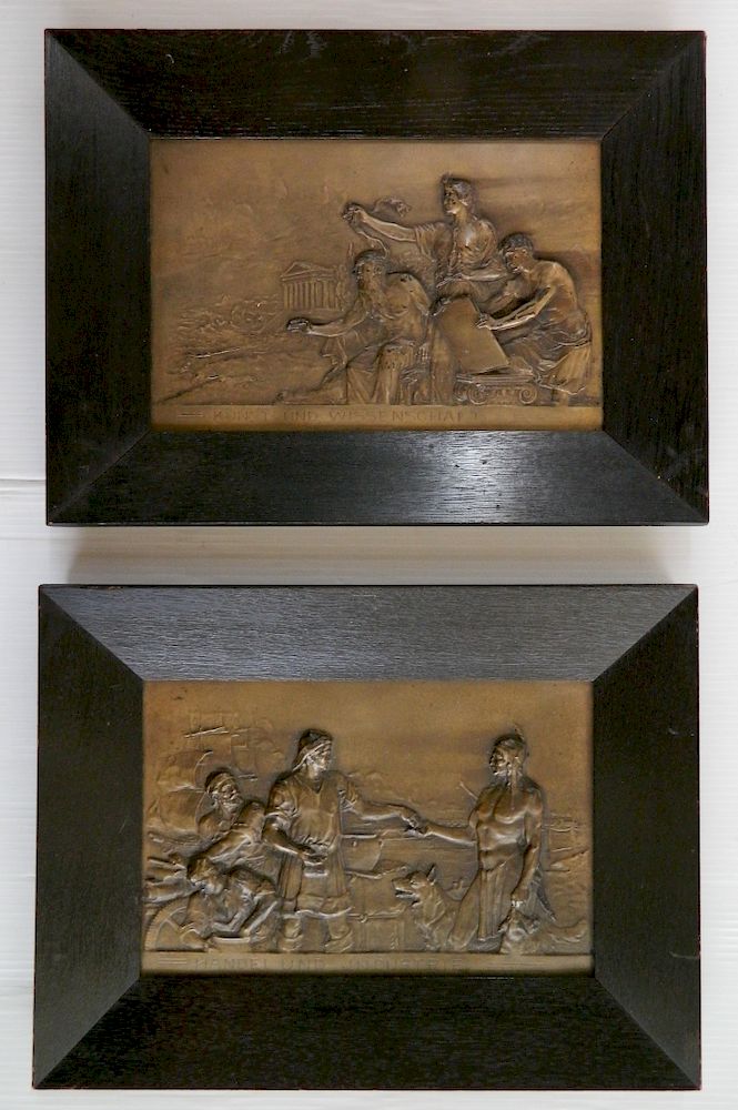 Appraisal: German bronze plaques Two framed bronze rectangular plaques in relief