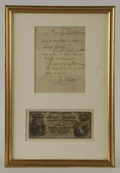 Appraisal: Framed th Century Counterfeit Bill Description Accompanied by a handwritten