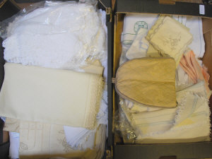 Appraisal: Two boxes of assorted table linen to include draw-thread embroidered