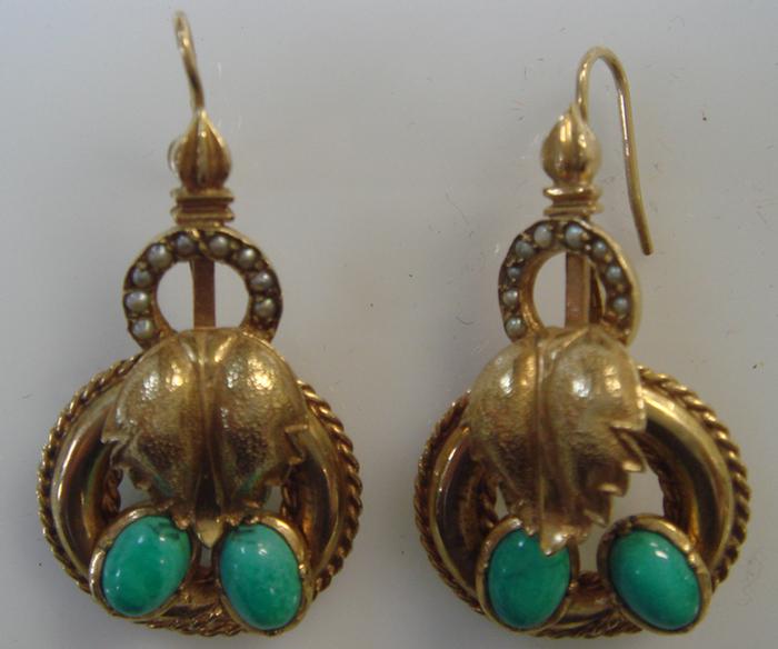 Appraisal: K yg Pearl and Turquoise Dro Earrings Circle and leaf