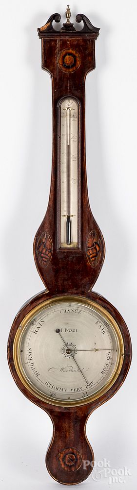 Appraisal: English inlaid mahogany banjo barometer th c English inlaid mahogany