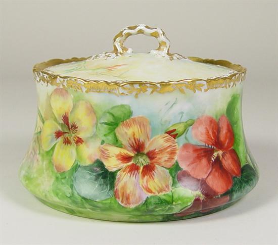 Appraisal: Limoges France Cracker Jar All over hand painting of red