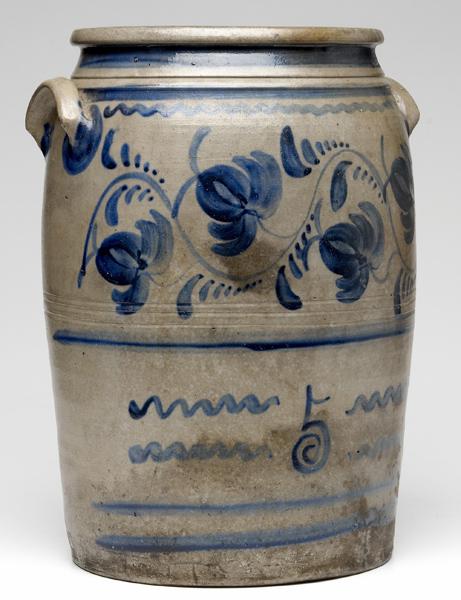 Appraisal: PENNSYLVANIA STONEWARE Five-gallon jar with blue floral decoration tall