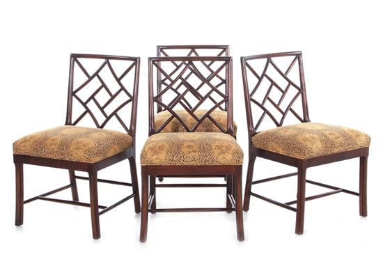 Appraisal: Greenbaum Interiors upholstered fruitwood lattice-back chairs BH SH W D