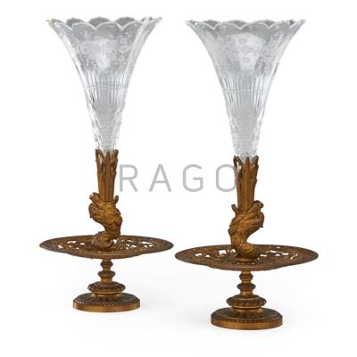 Appraisal: PAIR OF EUROPEAN EPERGNES Trumpet form with cut glass inserts