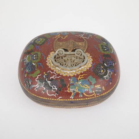 Appraisal: Cloisonne Box with Bat and Jade Plaque Jade th Century