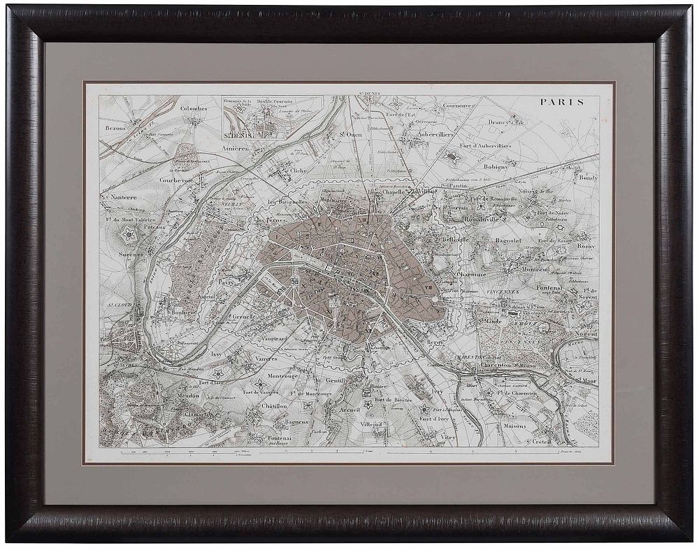 Appraisal: Large Framed Map of Paris and Environs th st century