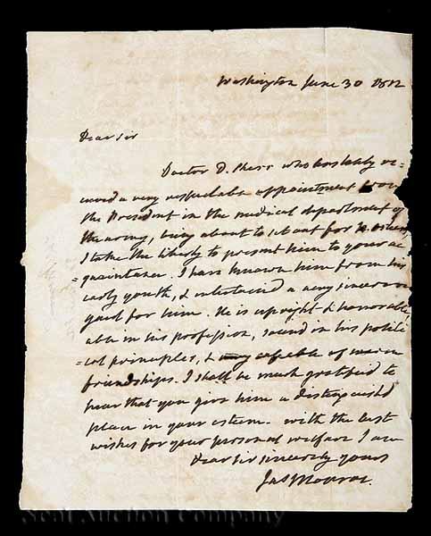 Appraisal: Autograph Letter Signed by James Monroe to Governor William C