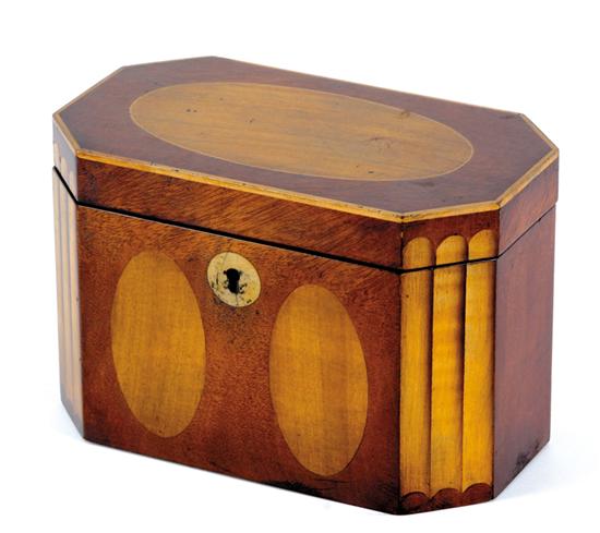 Appraisal: George III style inlaid satinwood and mahogany tea caddy octagonal