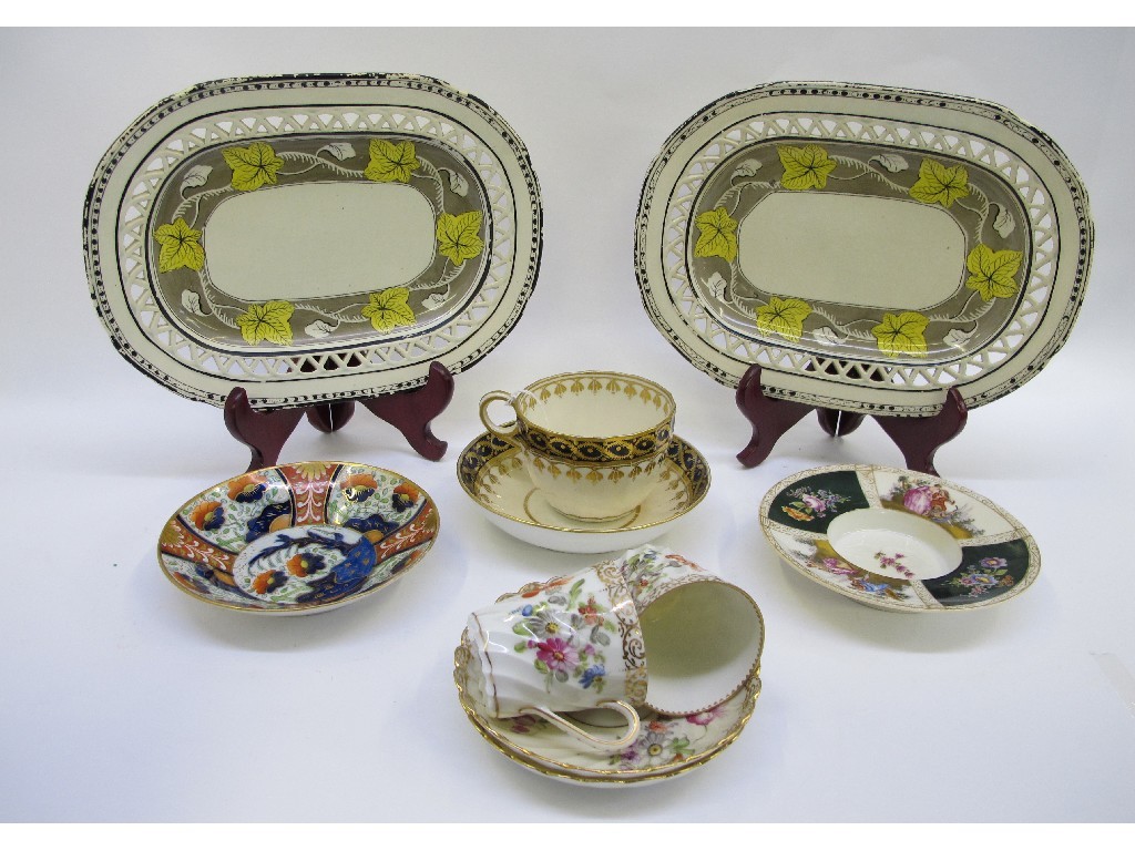 Appraisal: Pair of creamware small platters two Dresden cups and saucers