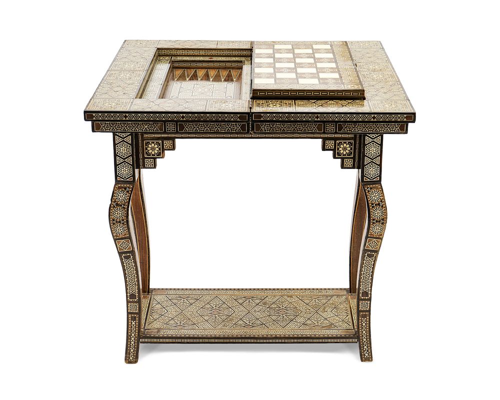 Appraisal: A Moroccan Bone-Inlaid Fruitwood Games Table Height x length x