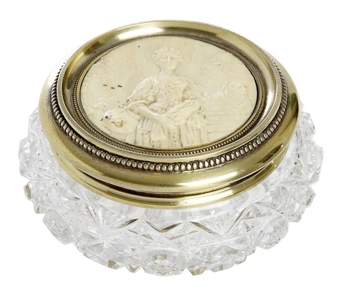 Appraisal: A FRENCH CUT CRYSTAL IVORY AND SILVER MOUNTED BOX MARKED