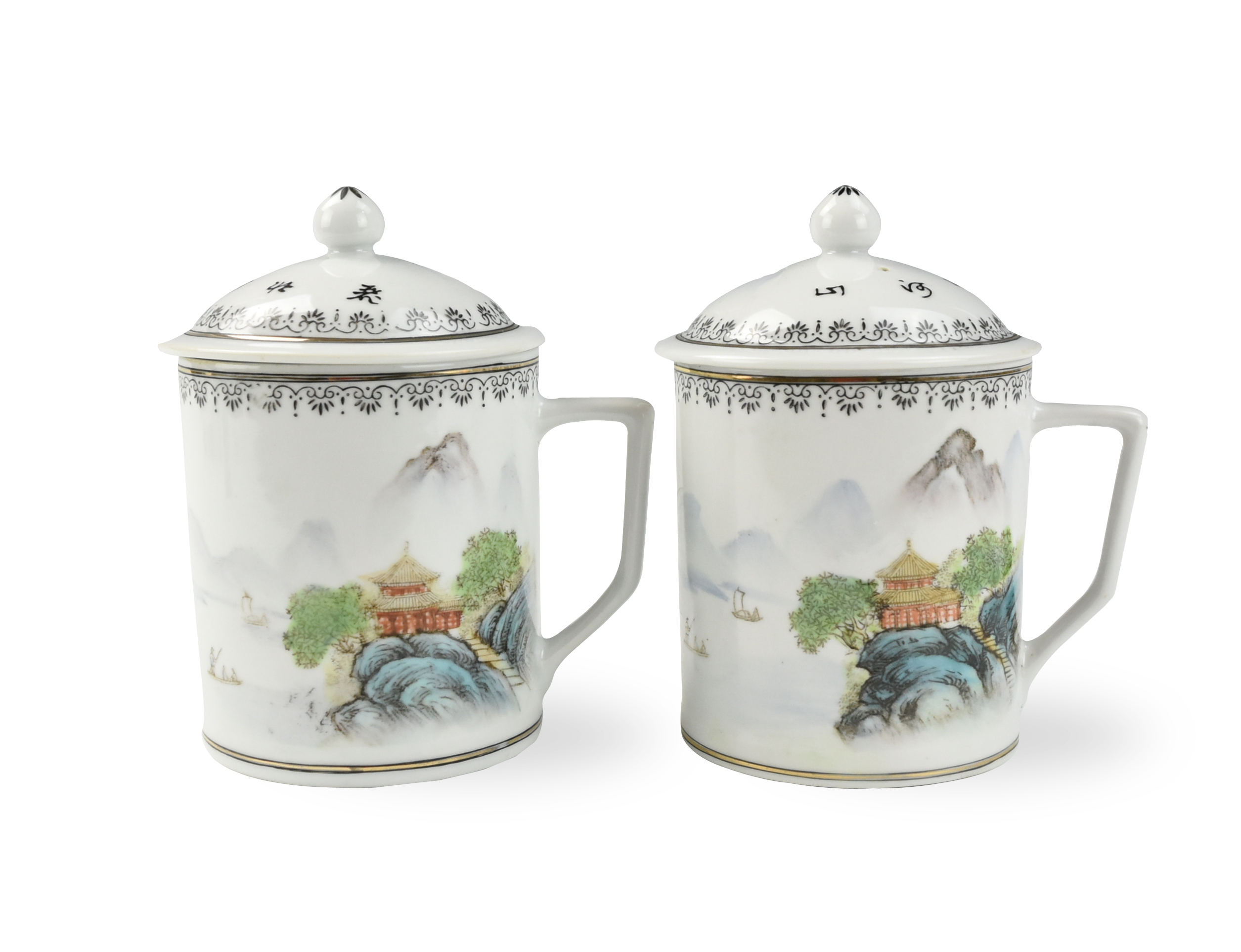 Appraisal: PAIR OF CHINESE COVERED CUPS W LANDSCAPE S Chinese -